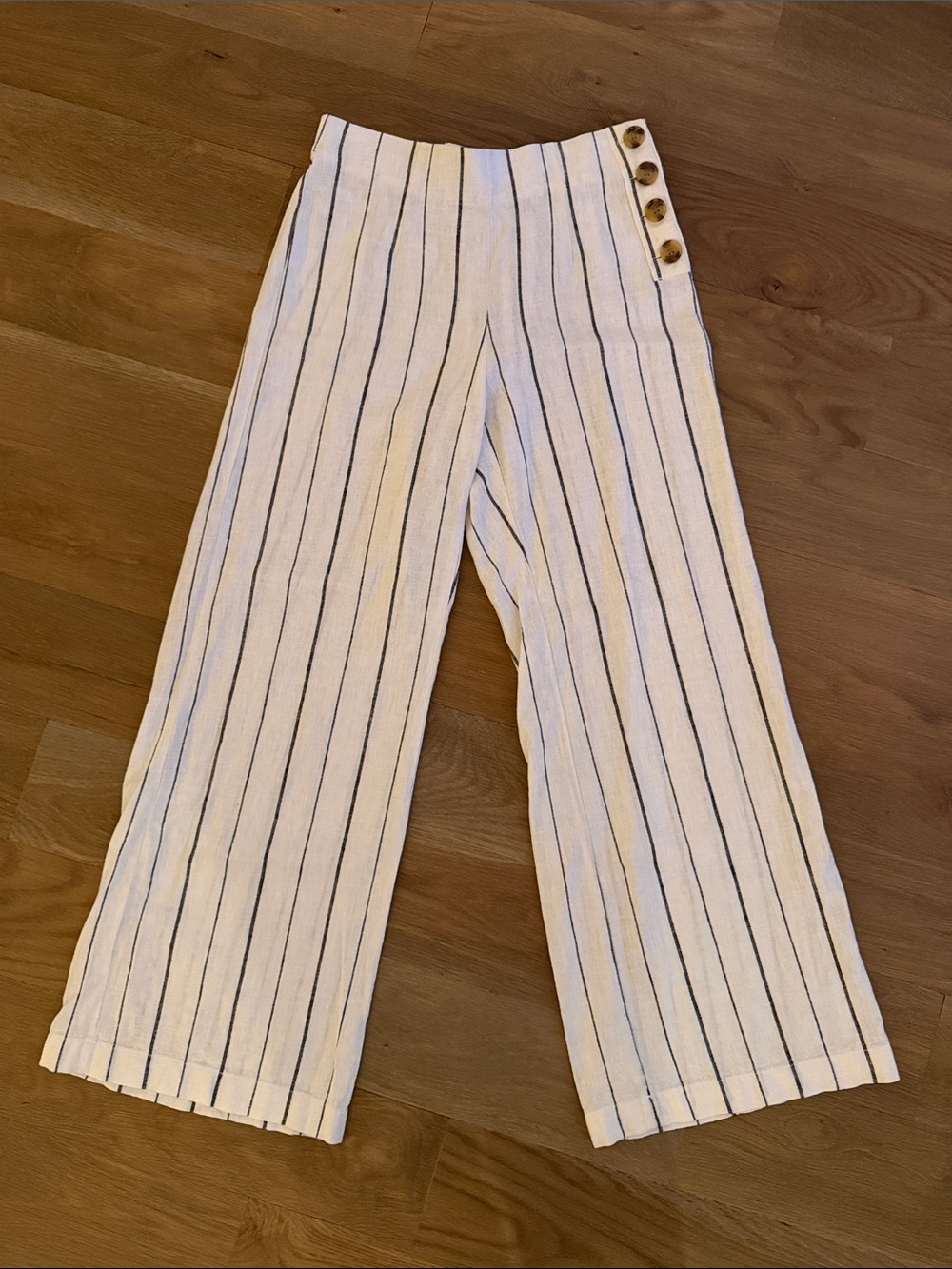GAP White Wide-Leg Striped Pants with Button Detail